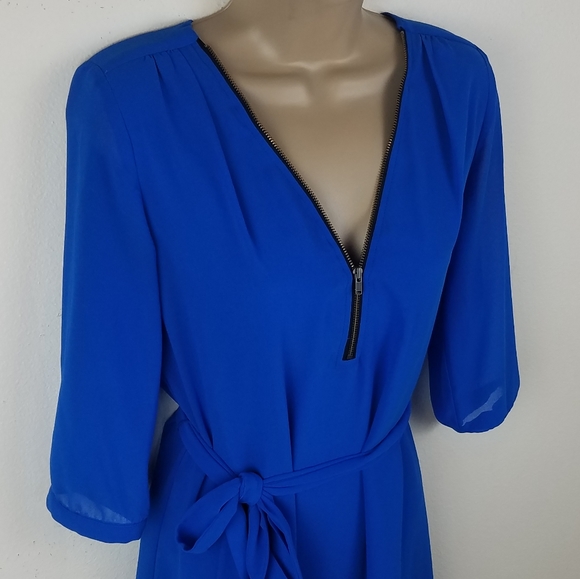 Sheer cobalt blue midi dress with waist tie - Picture 3 of 7